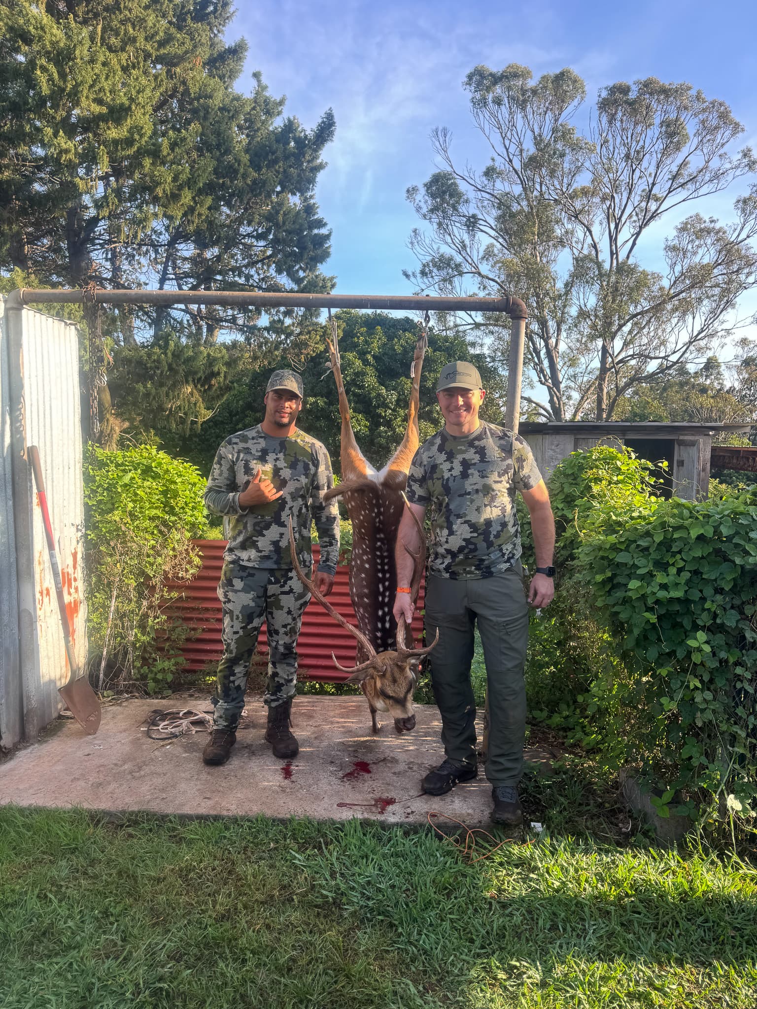 Two hunters in camouflage stand on either side of a game rack at a Maui hunting camp, with trees and blue sky behind them