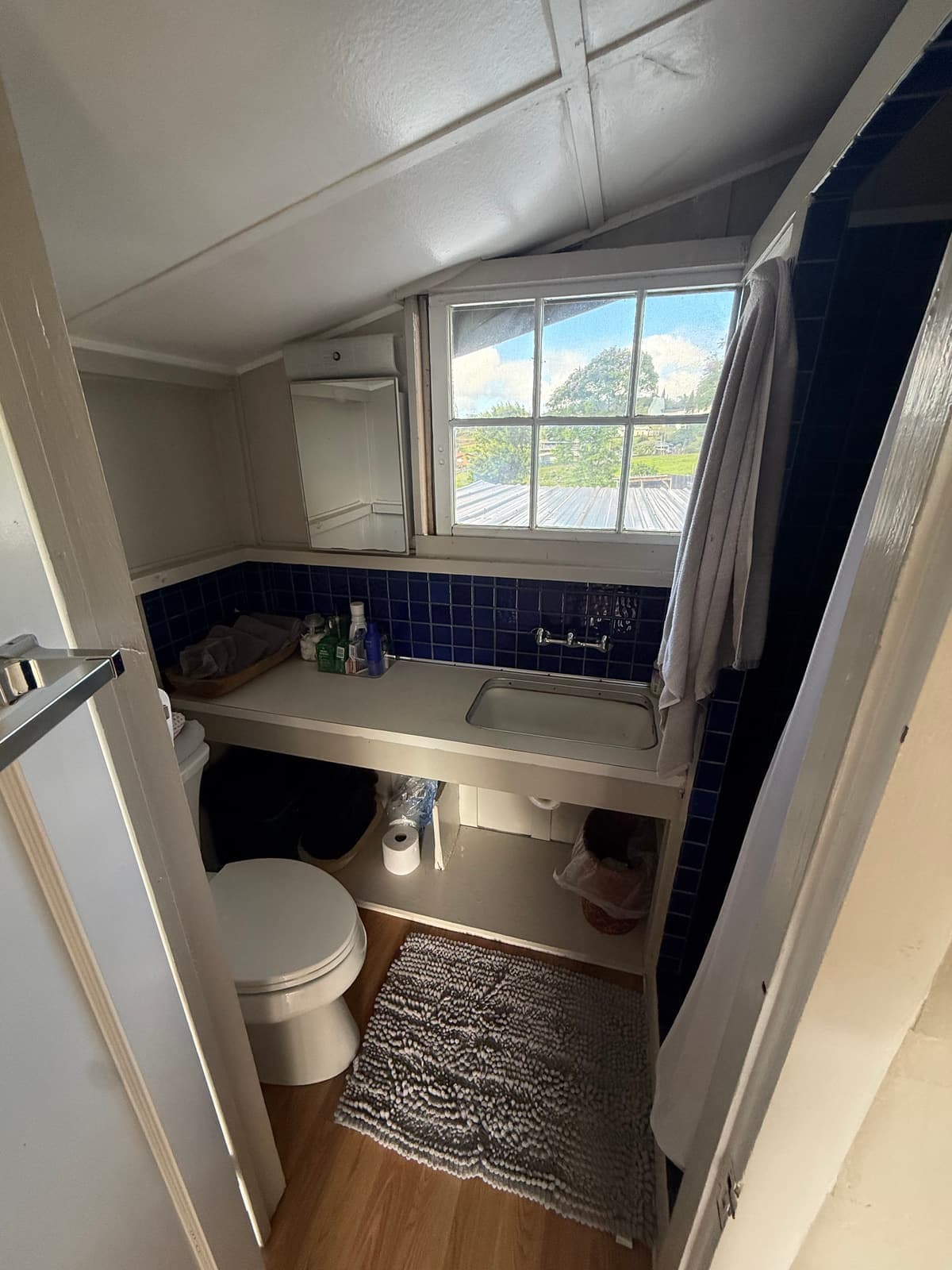 Lodge bathroom with a blue-tiled walk-in shower, vanity sink, and a bright window